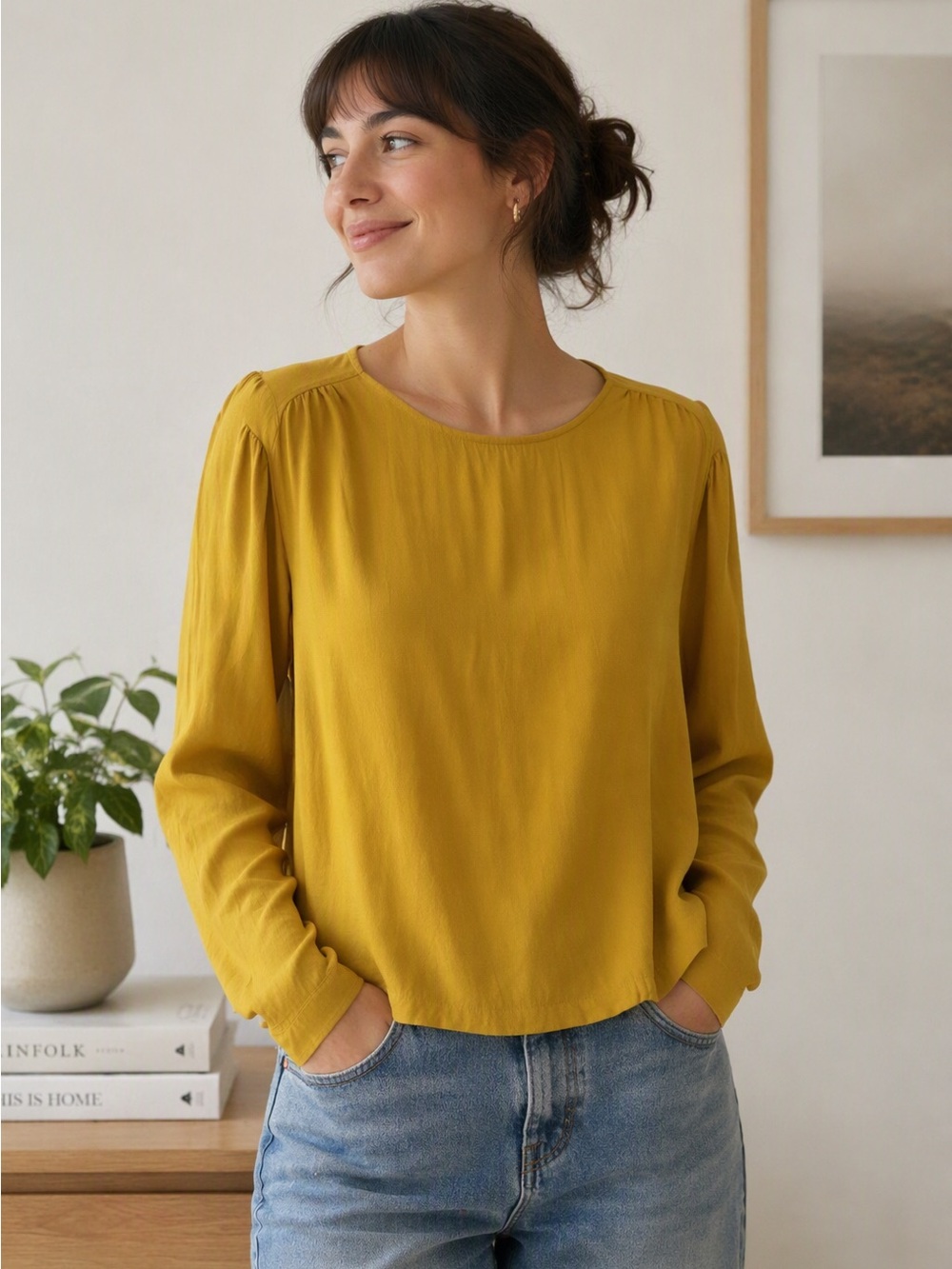 Oak + Fort Mustard Yellow Blouse Size L Flowy Relaxed Minimalist Long Sleeve Top